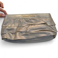 Victoria's Secret Gold Hardware Sparkle Ruffle Clutch Purse/Cosmetic Pouch with Shimmer Glamour Ruffles 