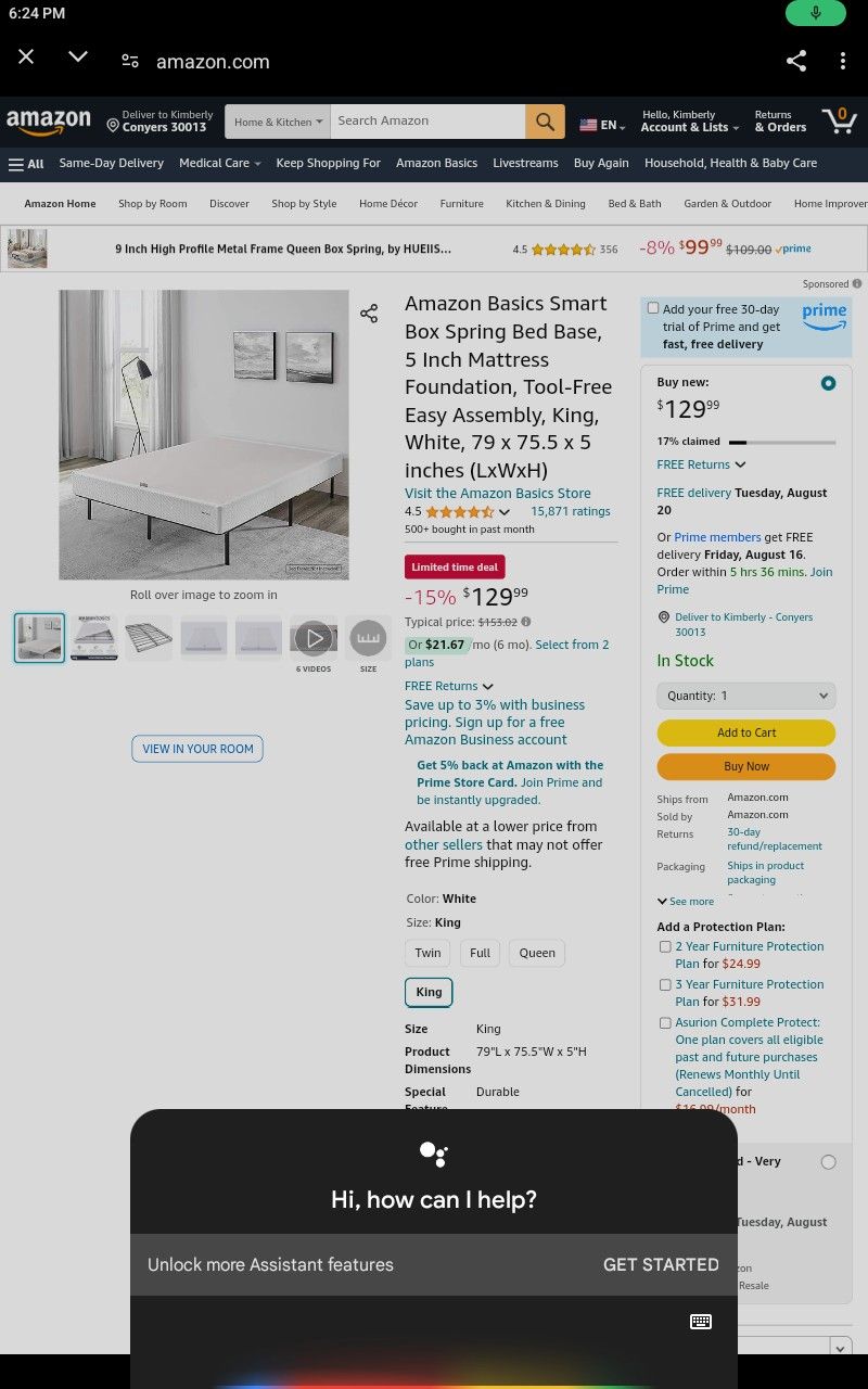 King Size Base W/Legs Metal//Base De Cama $125