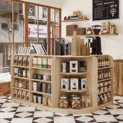 L-Shaped Retail Checkout Counter with Storage, Wooden Coffee Shop Cash Register Desk, Corner Reception Counter for Store & Cafe