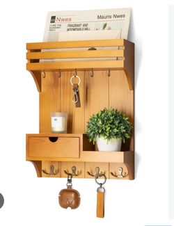 Key Holder Wall Mount with 9 Key Hooks for Home Decor, Light Brown Sturdy Wood, Key Holder for Wall, Mail Sorter, Floating Wall Shelf, Drawer Organiz