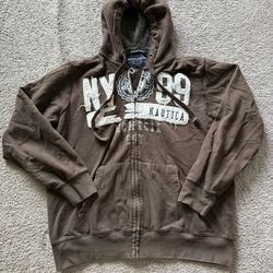 Nautica Men's Brown Full-Zip Hooded Sweatshirt with White Graphics