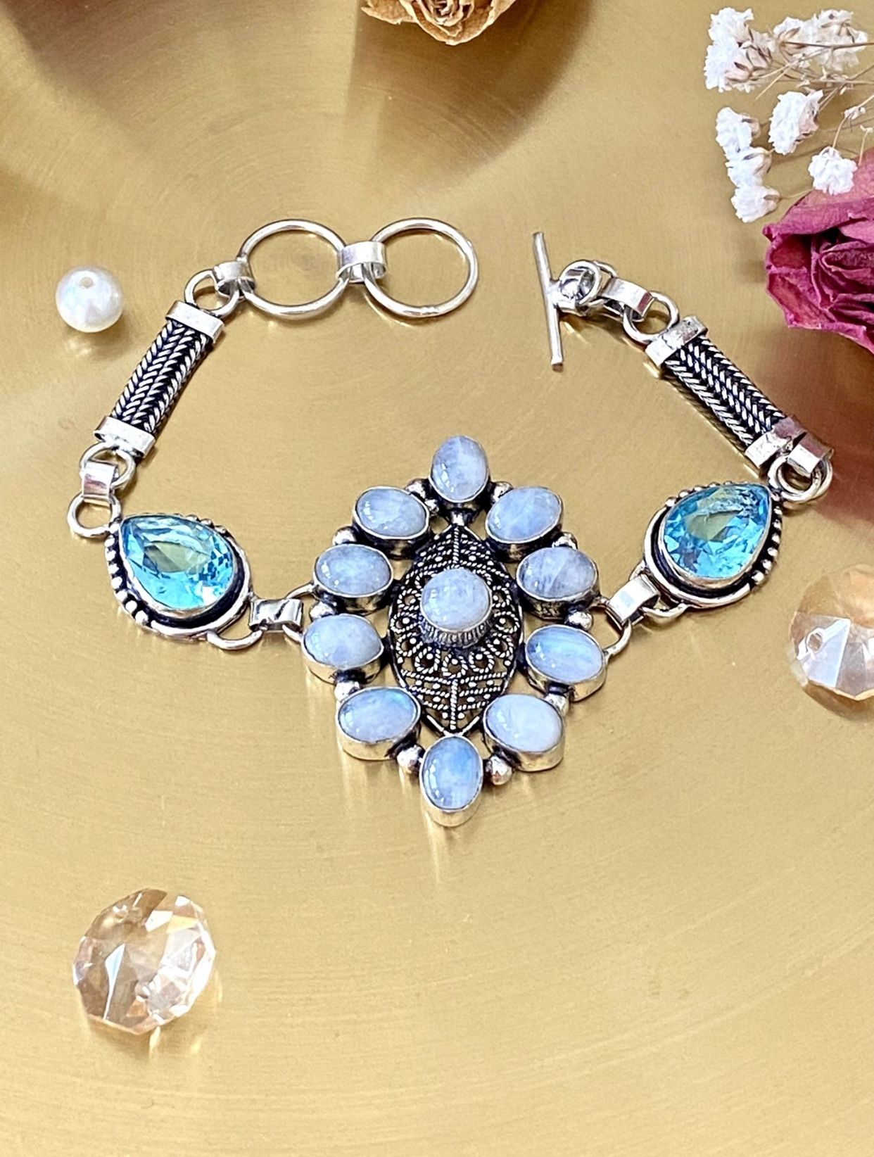 Rainbow Moonstone And Blue Topaz 925 Sterling Silver Overlay Bracelet