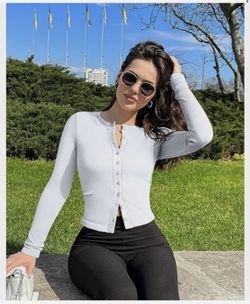 OQQ Woman’s Long Sleeve Shirt Crew Neck Button Knit Stretch 