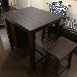 Solid Wood Breakfast Table With Bar stools & Storage Shelf Space