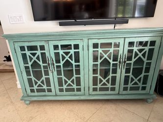 Teal Distressed Wood Sideboard with Glass Doors
