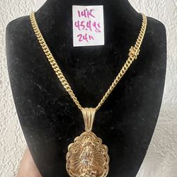 14K Yellow Gold 🇨🇺 Links Chain and San Lázaro Pendant 45.4Gr 24 Inches Long 