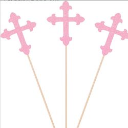 Pink Glitter Cross Center Piece Sticks 
