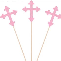 Pink Glitter Cross Center Piece Sticks 
