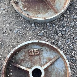 Vintage Cast Iron 35 lb Barbell Plates - Pair (70 lbs Total)- USED