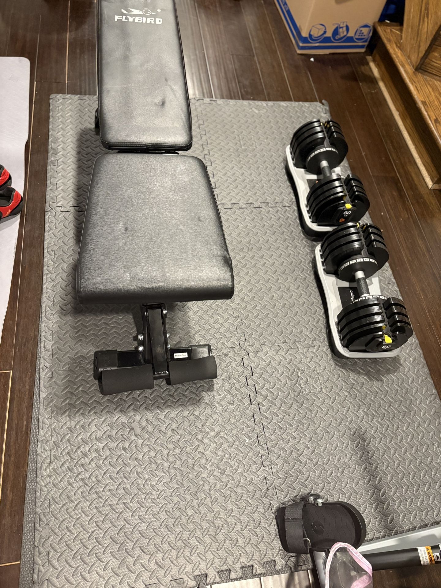 Home Gym Set Adjustable Dumbbells (80 lb), Bench, & Floor Padding