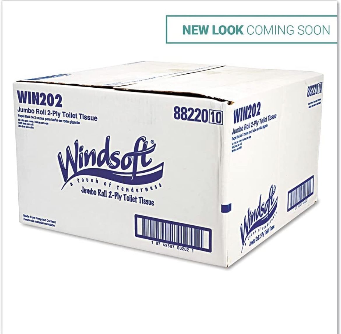 Windsoft WIN202 3.4 in. x 1000 ft. 2 Ply, Septic Safe, Roll Bath Tissue - Jumbo, White (12 Rolls/Carton)