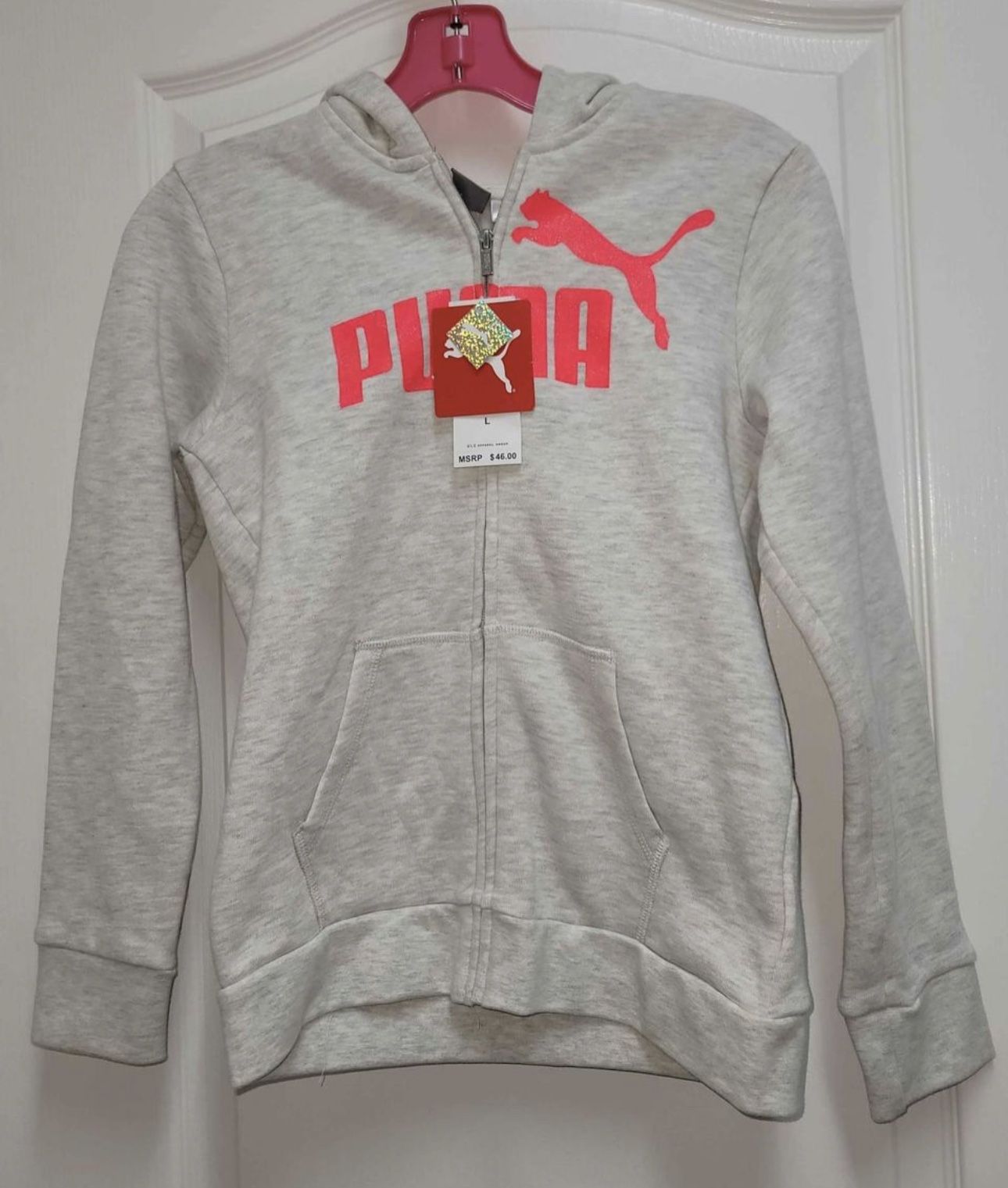 Puma Girls Oatmeal Gray Full Zip hHoodie Large NWT