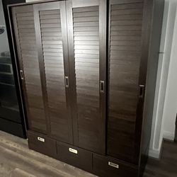 Large Wardrobe Armoire with 4 Sliding Doors, 3 Drawers, Hanging Rods & Storage Shelves, Wooden Closet Storage Cabinet with Silver Handles for Bedroom,