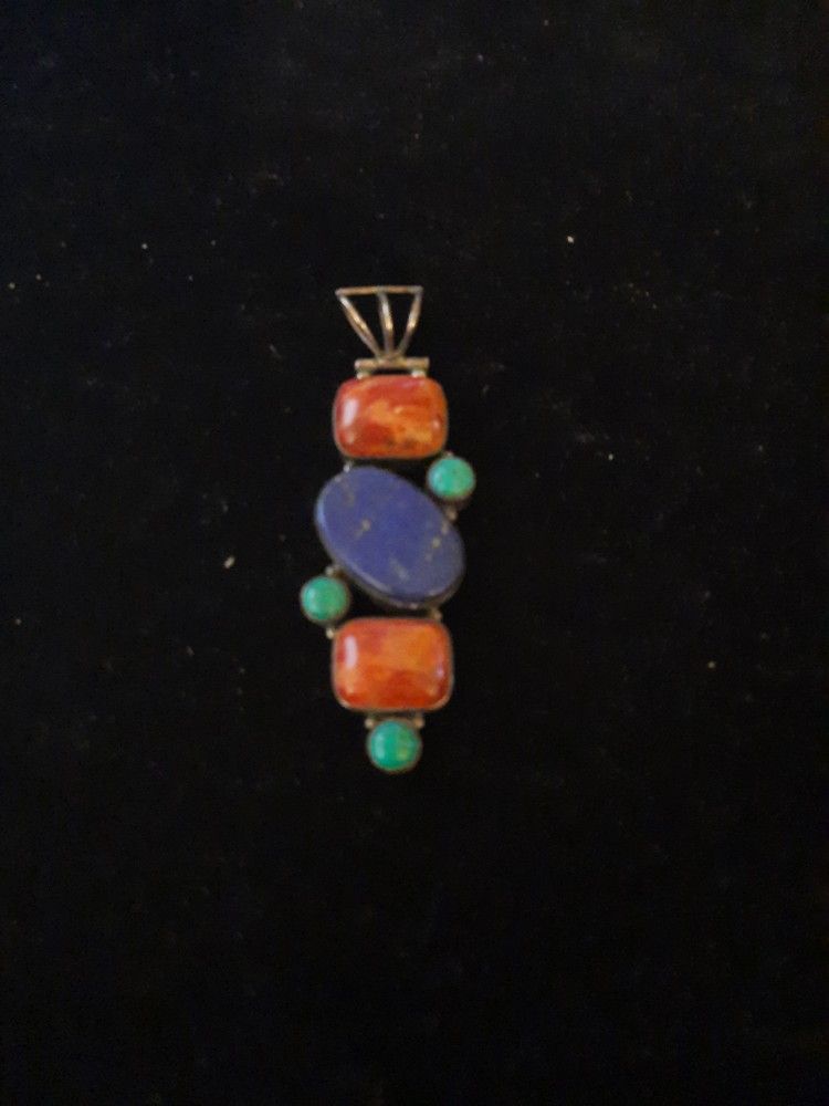 Sterling Silver Charm with Turquoise, Red Coral &Lapis Stone