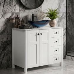 32" White Bathroom Vanity with Blue Boat Glass Vessel Sink