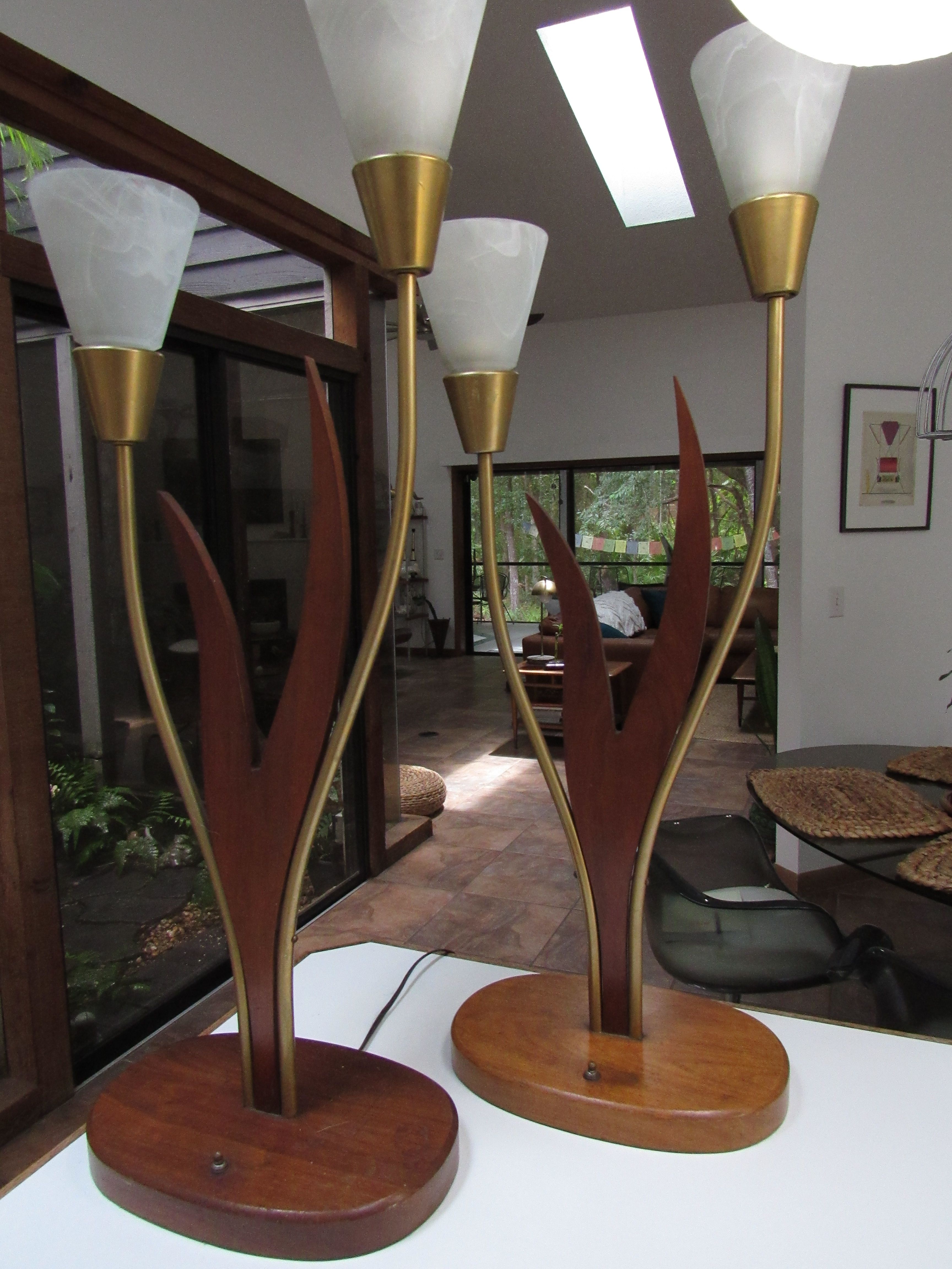 1960's mid century modern wood glass TALL big LAMPS table lamp PAIR lighting eames era gold brass Vintage retro collectible