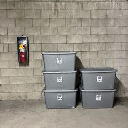 One Set of 5 Identical 30 Gallon Plastic Grey Gray Storage Bins Boxes Totes