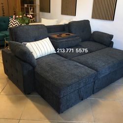 Modern sectional sofa with pullout bed & storage  dark gray corduroy fabric material