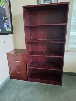 Cherry Wood Bookcase with File Cabinet + Desk