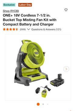Shop RYOBI ONE+ 18V Cordless 7-1/2 in. Bucket Top Misting Fan Kit with Compact Battery and Charger