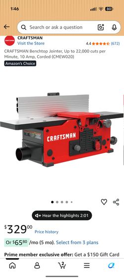 Craftsman 10.0amp 6" Variable Speed Jointer CMEW020