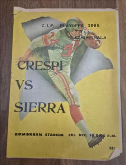 This image is a vintage football program from a 1965 CIF Southern Section Playoffs Semifinal game between Crespi Carmelite High School and Sierra High