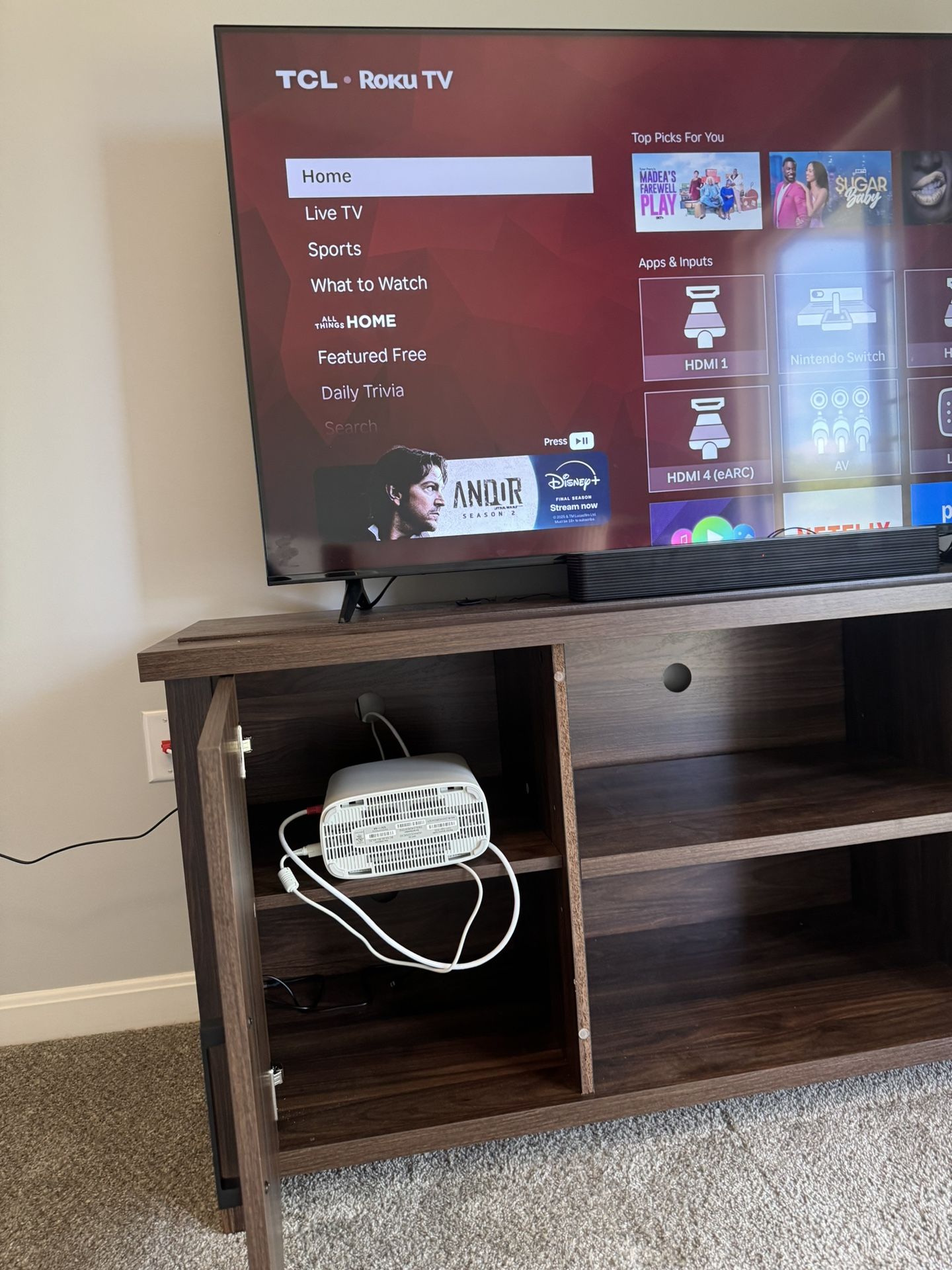 Tv Stand, 55inch Tv With Remote & Soundbar W Remote