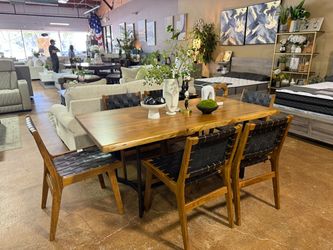 Solid Wood Dining Set Table With 6 Leather Chairs