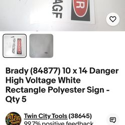 Brady (84877) 10 x 14 Danger High Voltage White Rectangle Polyester Sign - Qty 5