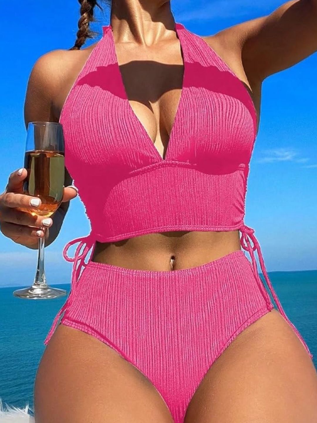 Women Swimsuit Summer Beach Neck Bikini with Side Knot Sexy Two Piece