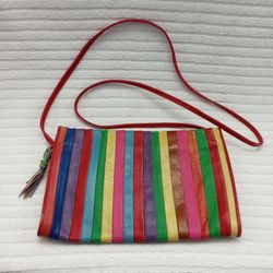 VINTAGE Italian Genuine Leather Multicolor Rainbow Stripped Crossbody Envelope Purse, Small (11"x7"x1") Excellent Condition