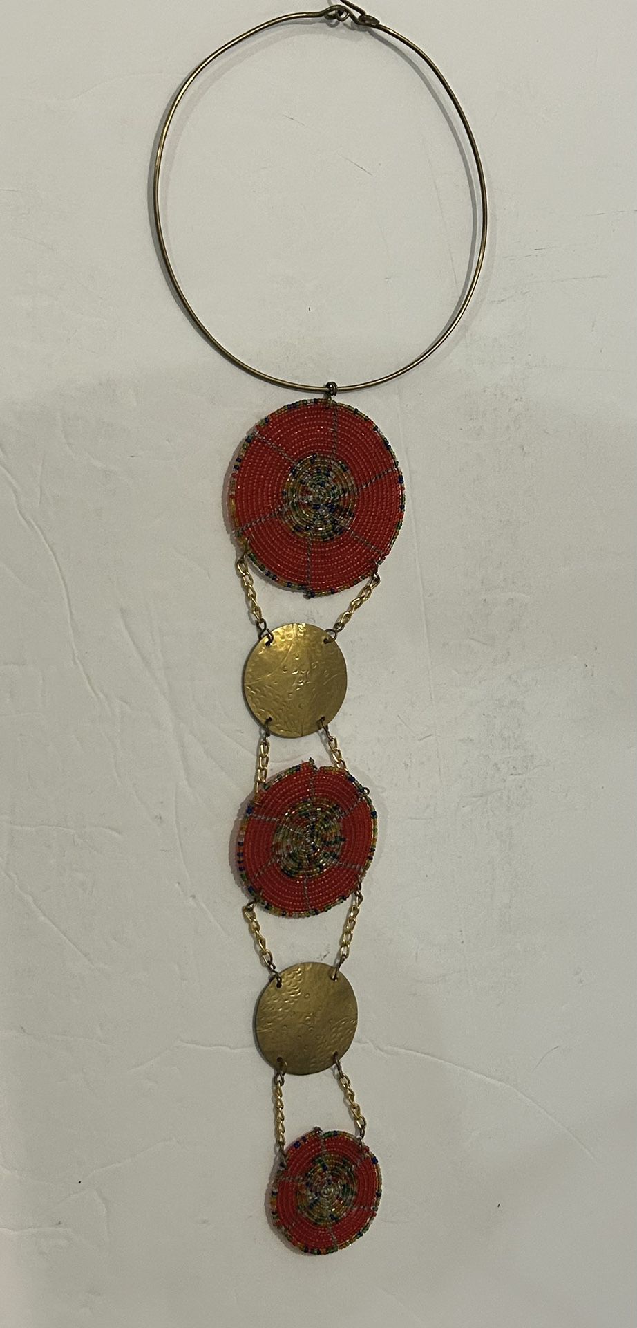 African beaded Red-RedOrange Brass Multicolor Five Pendant Necklace 19.5”