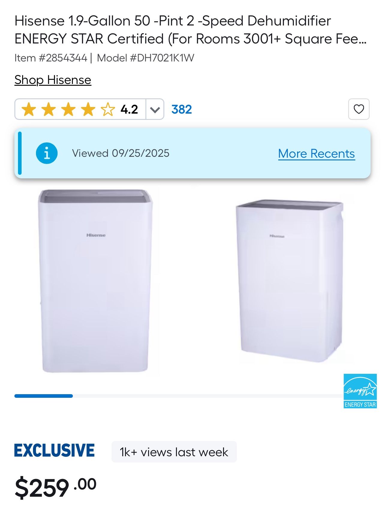 Hisense 1.9-Gallon 50 -Pint 2 -Speed Dehumidifier ENERGY STAR Certified