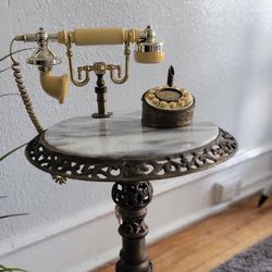 Rotary Telephone Table Brass With Marble Top

