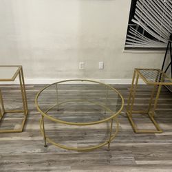 Glass Coffee Table And Two End Tables With Gold Accents