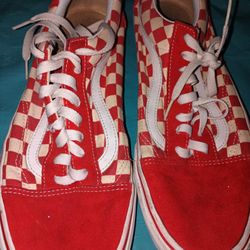 RARE🔥 VANS Old Skool White Red Checkerboard Flag Sz 10.5 Men’s Skateboarding Shoes