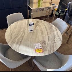 5-pc Round Dining Table Set White Faux Marble Table Top With Grey Fabric Upholstered Chairs