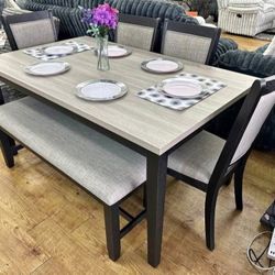 ✅️✅️6 pc bridget two tone wood dining table set padded seat chairs and bench ✅️✅️