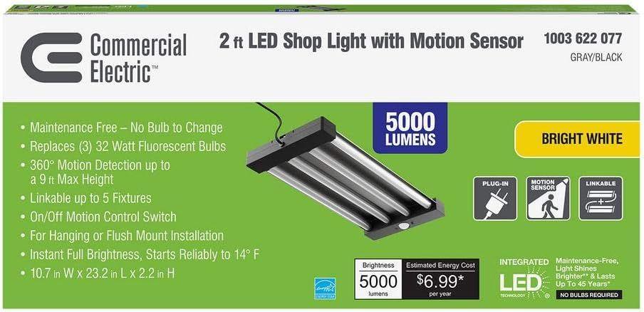 Commercial Electric 2 ft. 55 Watt Equivalent Integrated LED Black/Gray 4 Light Motion Control Garage Light, Bright White