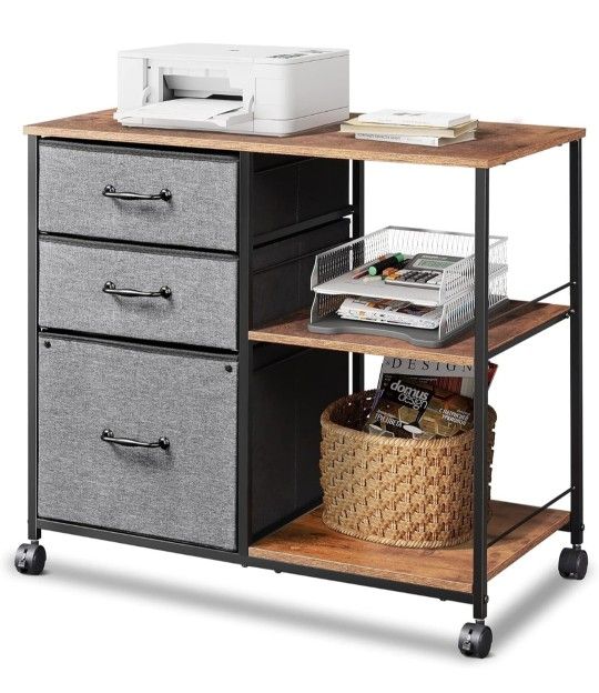 3 Drawer Printer Stand Office Storage Mobile File Cabinet with Open Storage Shelf, Fabric Lateral Filing Cabinet fits A4 or Letter Size for Home Offic