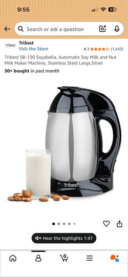 Tribest SB-130 Soyabella, Automatic Soy Milk and Nut Milk Maker Machine, Stainless Steel Large,Silver