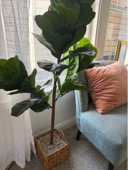 Faux Leaf Fig Tree w/ Woven Basket Planter