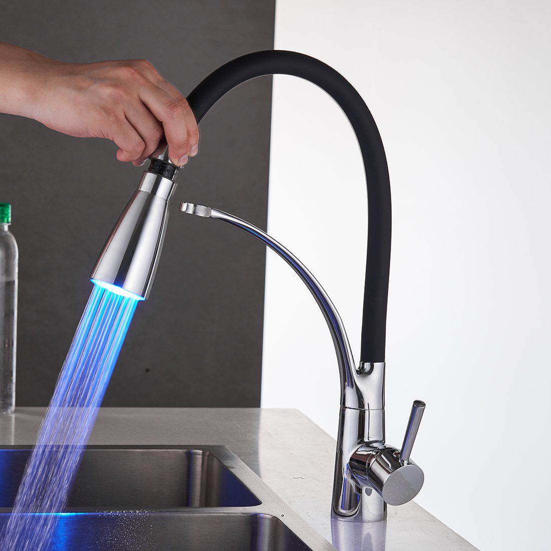 Chrome LED Light Pull Down Spray Kitchen Sink Faucet