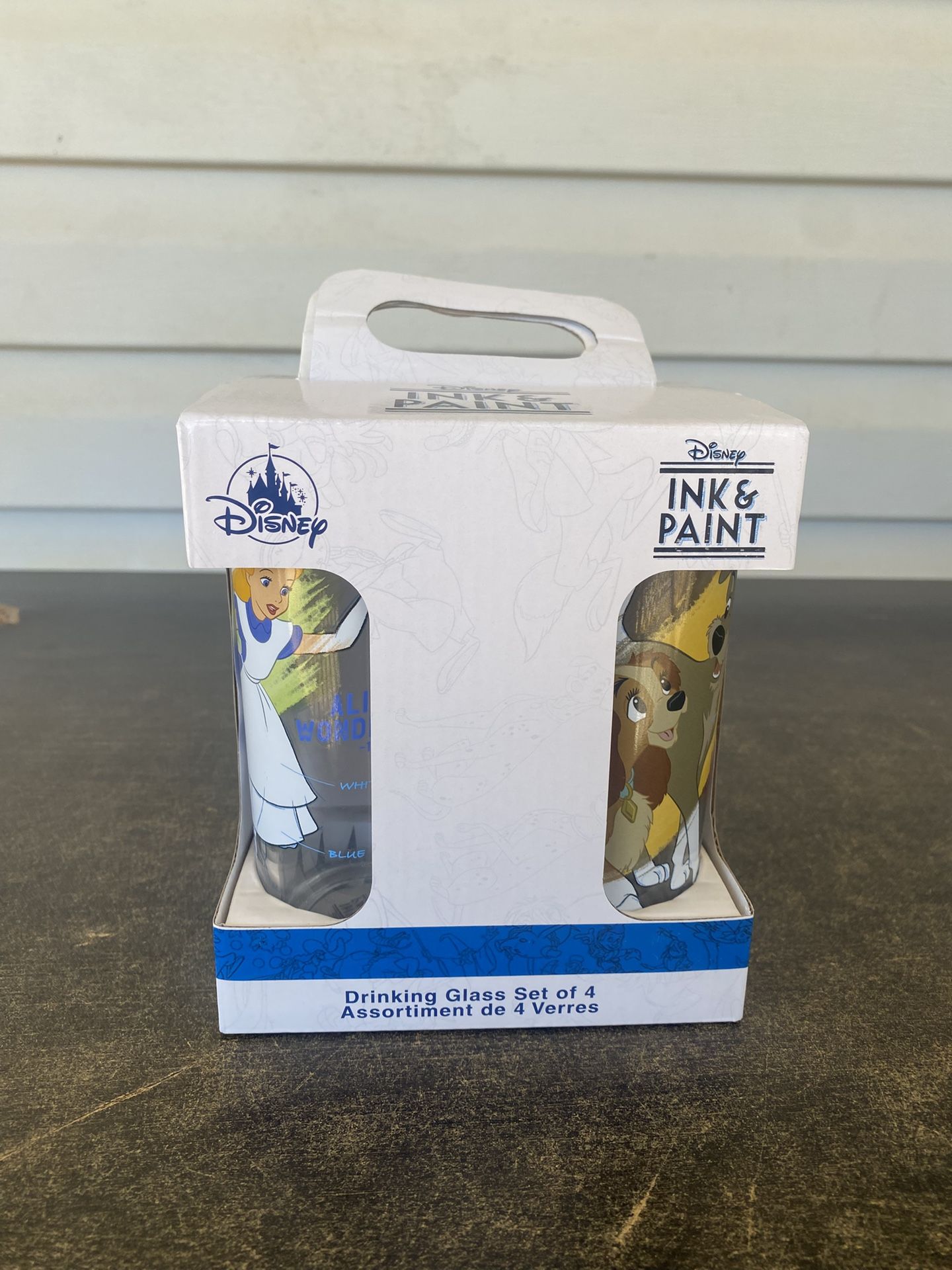 Disney Parks Ink & Paint Drinking Glass Set Of 4 Dumbo/Alice/Baloo/Lady & Tramp