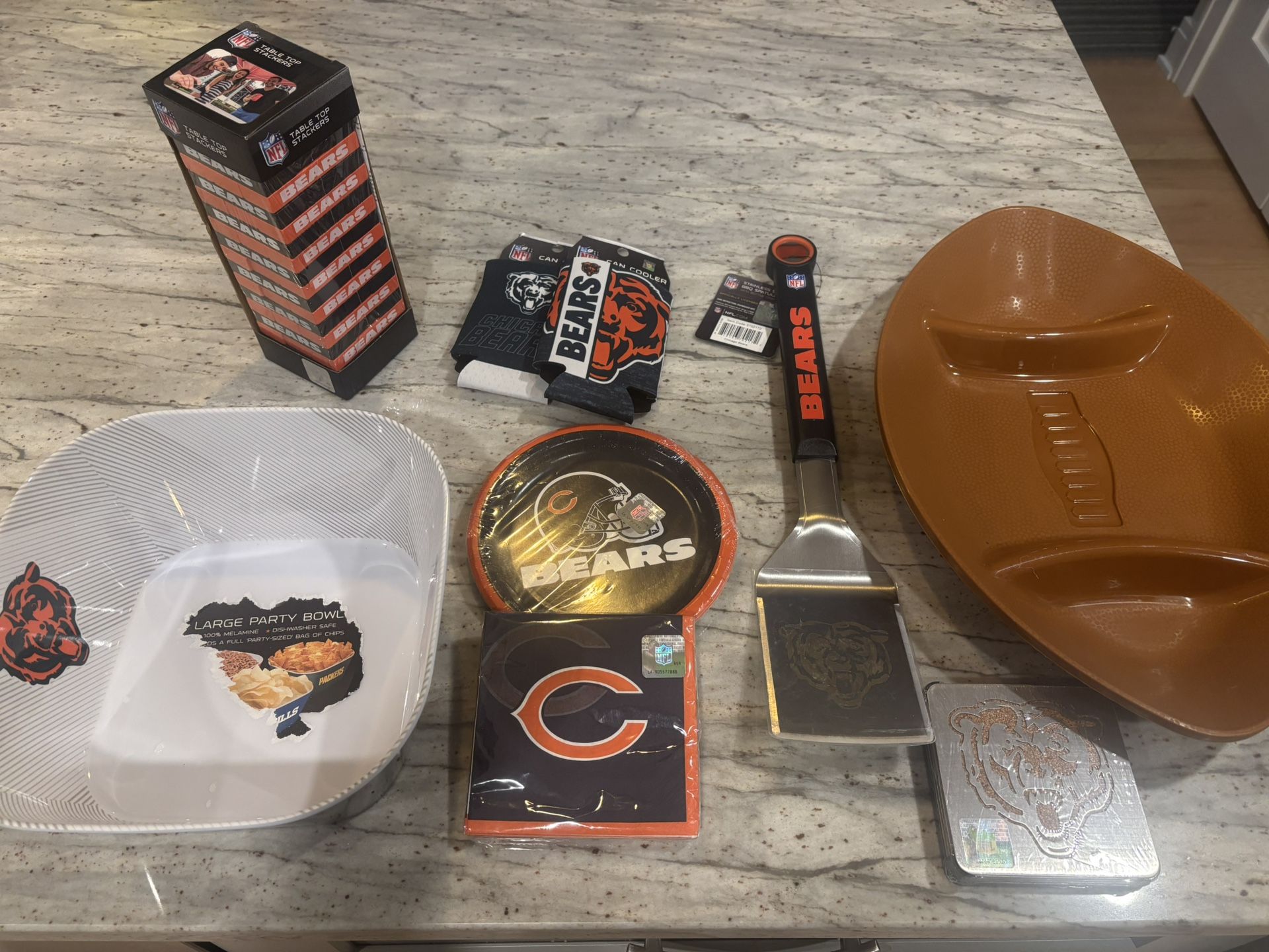 Chicago Bears NFL Merchandise (Jenga, Party Bowl, Plates, Napkins, Can Cooler, Spatula, Coasters, Serving Plate)