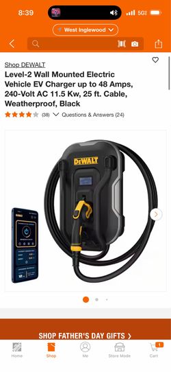 DEWALT Level-2 Wall Mounted Electric Vehicle EV Charger up to 48 Amps, 240-Volt AC 11.5 Kw, 25 ft. Cable, Weatherproof, Black