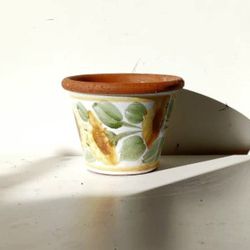 Vintage Terra Cotta Glazed Ceramic Floral Flower Print Plant Pot/ Plant Planter/ Flower Pot Patio Garden 