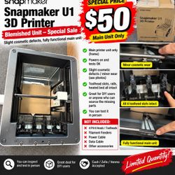 Functional main printer unit frame has slight cosmetic defects and minor wear. This unit powers on and tests successfully with intact toolhead slots, 