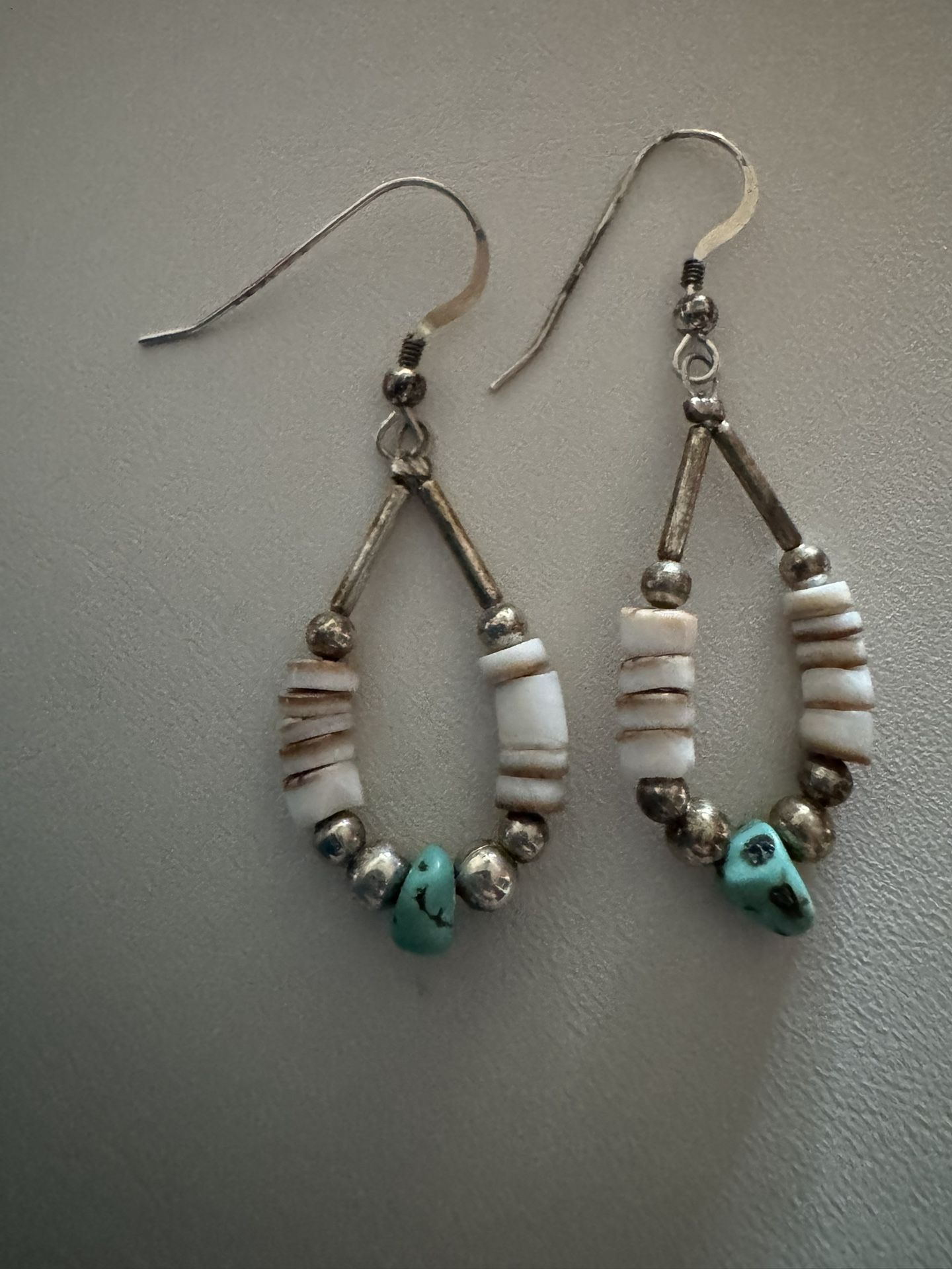 Vintage 1980's Native American Sterling, Turquoise & Shell Dangle 3" Earrings
