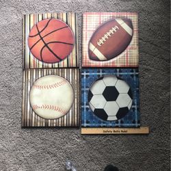 Set Of Four Hanging Wall Art Sports Baseball Basketball Soccer Football 
